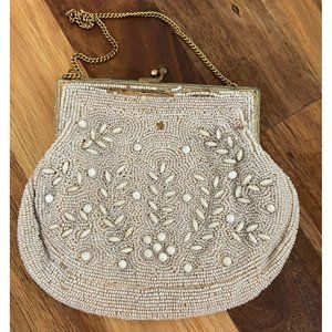 Made in France Handmade Beaded Ivory Snap Closure Wrist Purse Vintage